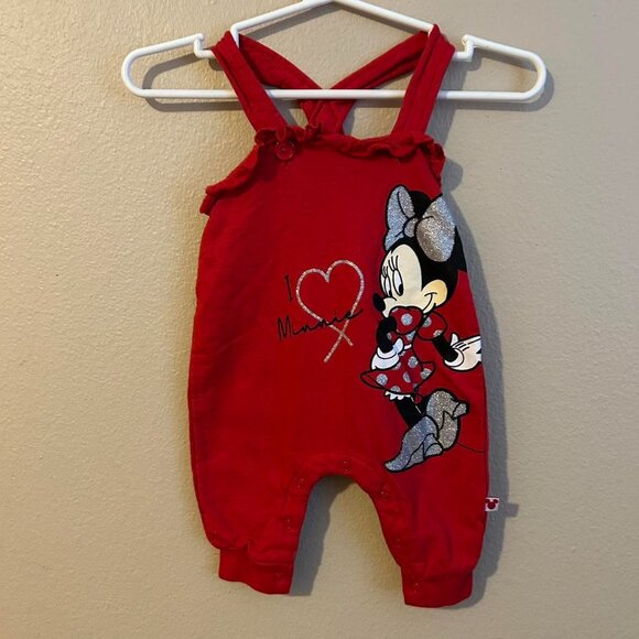Disney Baby I heart Minnie Baby Girl Infant Red Overalls Soft Jamie 0/3M - Picture 1 of 5